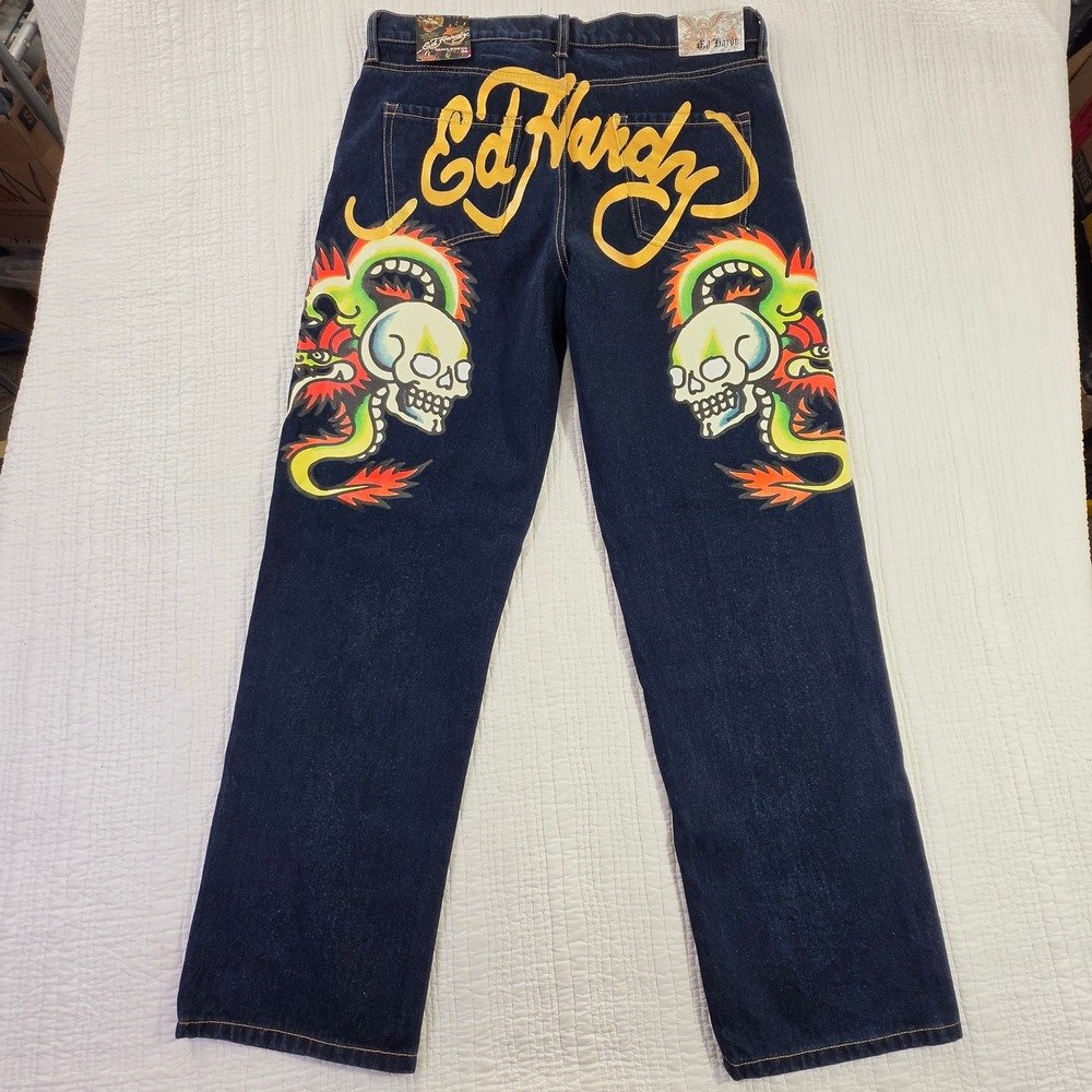 Ed Hardy Baggy Wide Leg Raw Indigo Denim Skull Dragon Jeans NWT Size 34x33 NWT